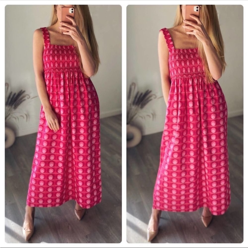 Zara Printed Midi Dress Smocking Poplin Cotton Fuchsia New